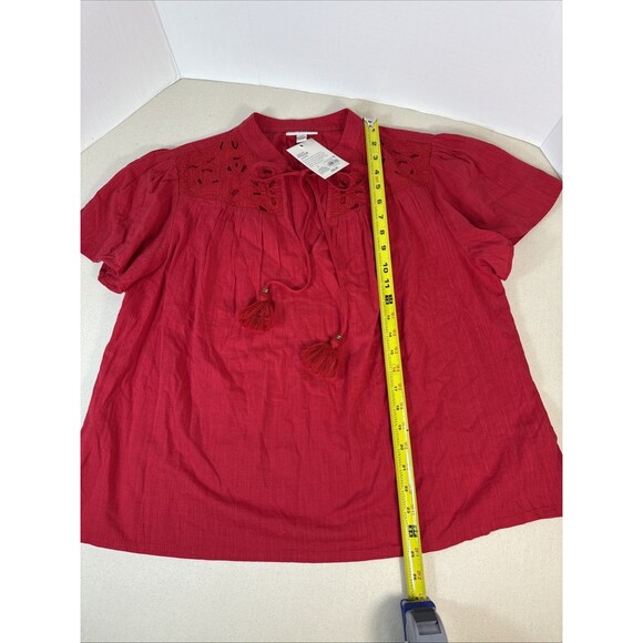 Knox Rose Red Eyelet Boho Tassel Blouse Size Large Flutter Short Sleeve - Picture 4 of 11